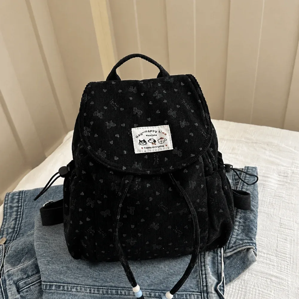 sac à dos élégant et léger en velours côtelé à imprimé nœud, grande capacité, design simple, sac à dos à cordon, sac à dos décontracté polyvalent pour étudiant