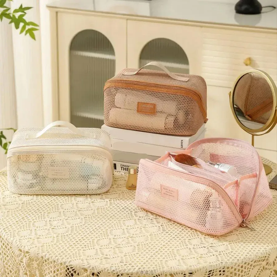 grande trousse de maquillage portable en maille grande capacité, avec fermeture éclair, multi-couches, transparente, organiseur de cosmétiques, trousse de toilette carrée