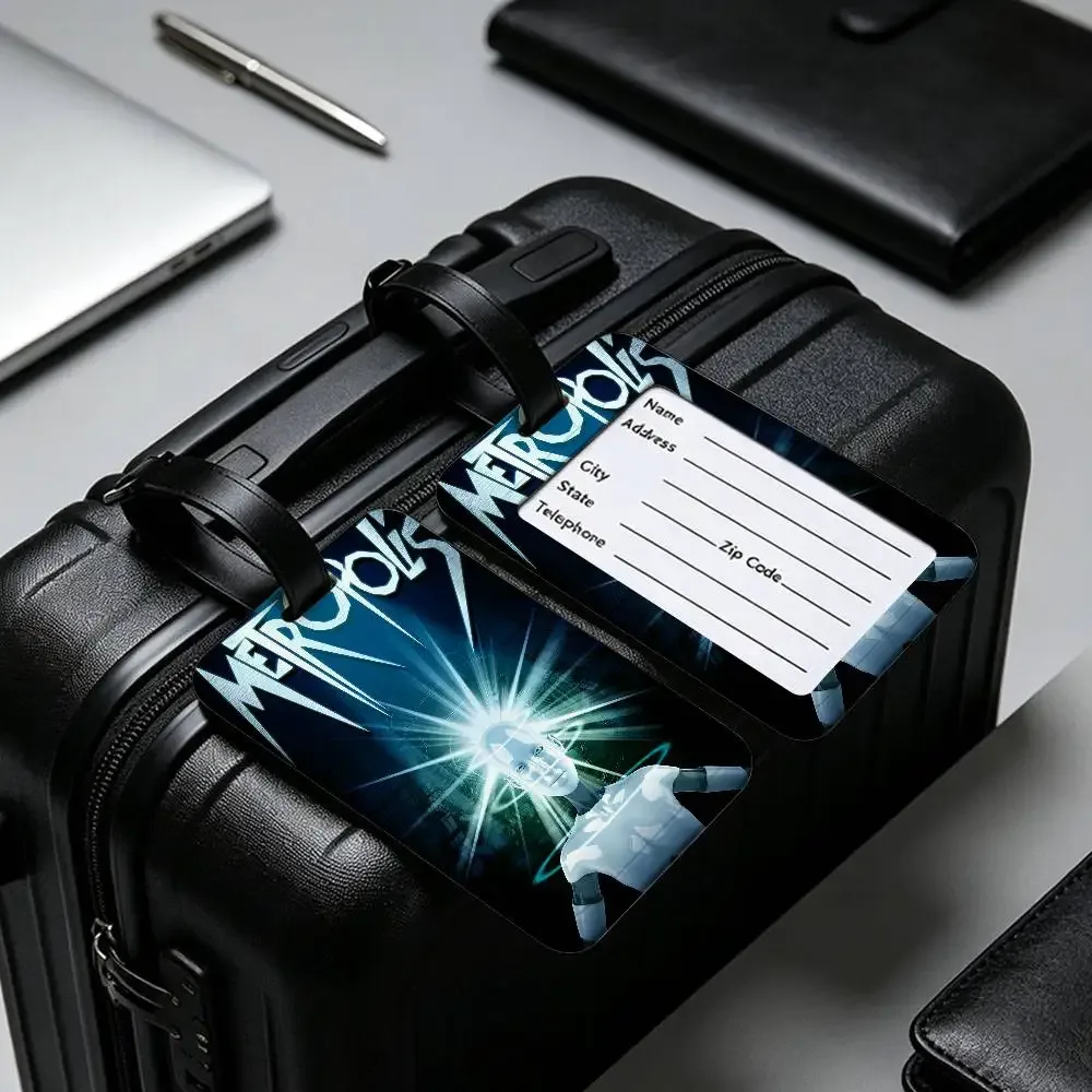 étiquette de bagage en pvc légère anti-perte, style rétro années 80, inspirée du film metropolis (allemagne), avec pochette amovible pour carte d'information, pour sac à dos