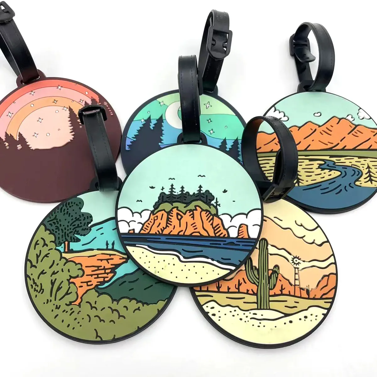 étiquette de bagage en caoutchouc souple de la série paysages naturels circulaires, un élément de voyage magnifique pour les amateurs de plein air, les voyageurs et les navetteurs