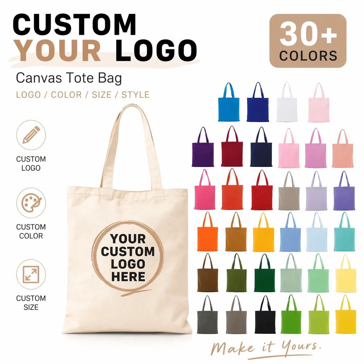 Vente en gros de 50 sacs fourre-tout en toile réutilisables, sacs de shopping personnalisés avec logo, sacs promotionnels en vrac, sacs d'épicerie écologiques en coton