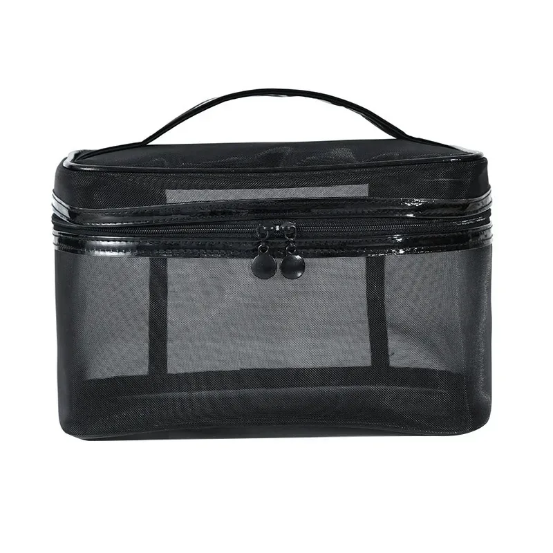 Trousse de maquillage en maille noire pour femme, sac à cosmétiques transparent, petits et grands sacs de rangement portables, articles de toilette de voyage, évaluateurs de serviettes