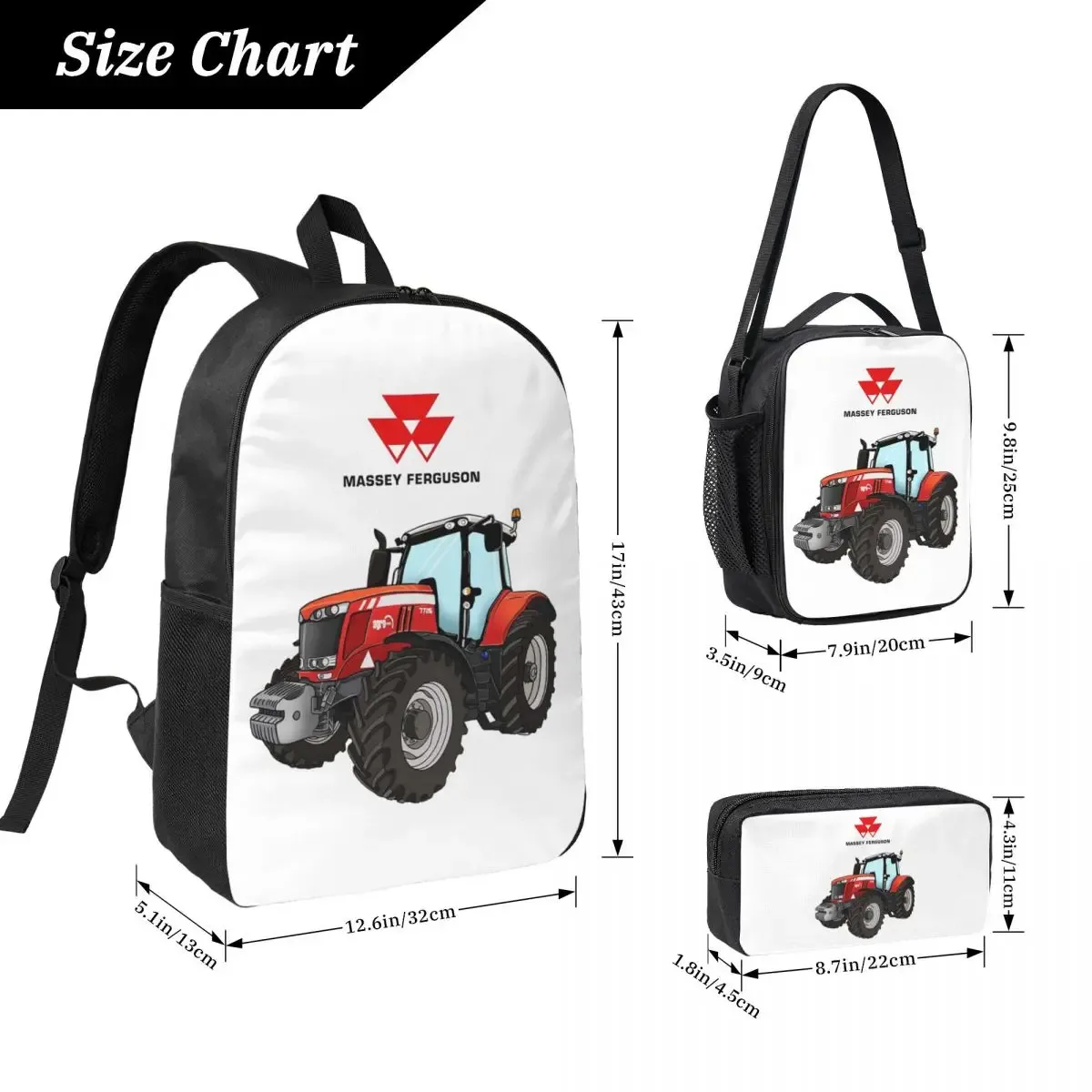 Sac à dos pour étudiant Massey Ferguson Tractor Red Tractor, sac d'école, sac à bandoulière pour ordinateur portable, sac à déjeuner isotherme 3ps, trousse à crayons