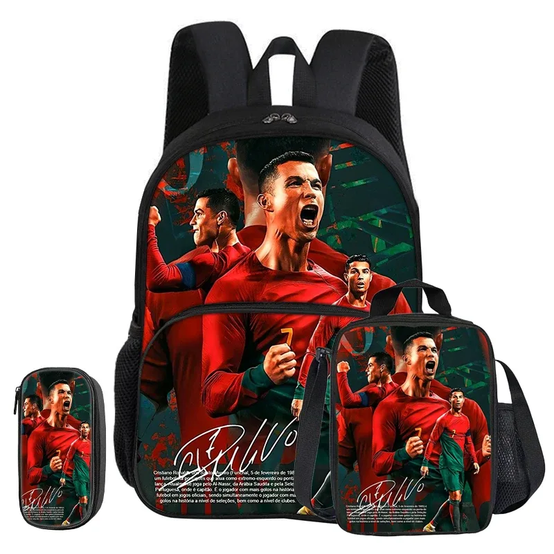 ensemble ronaldo 3 pièces avec sac à dos à poche frontale, sac isotherme pour le sport et le football, et trousse à crayons cr football star