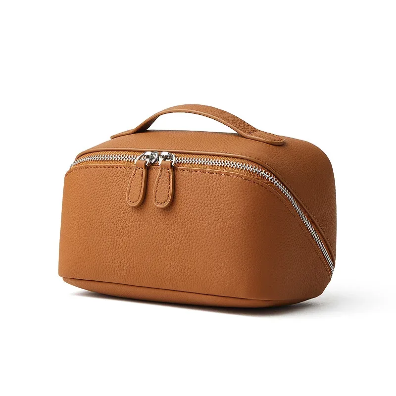 sac à cosmétiques en cuir véritable, design classique, multifonction, trousse de toilette de voyage, portable, simple, organiseur pour femmes, sac à main, trousse de maquillage