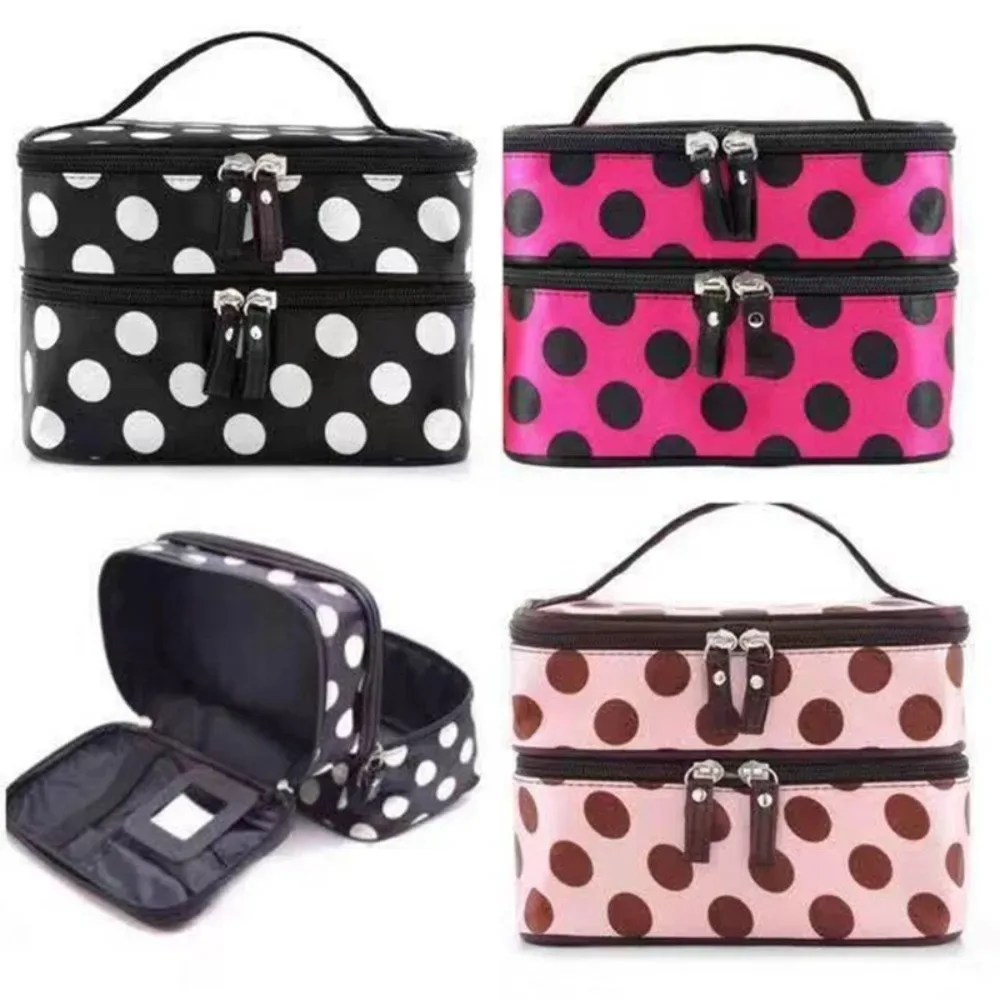 Sac de maquillage double couche tendance, grande capacité, trousse de toilette portable, sac de maquillage de voyage à pois
