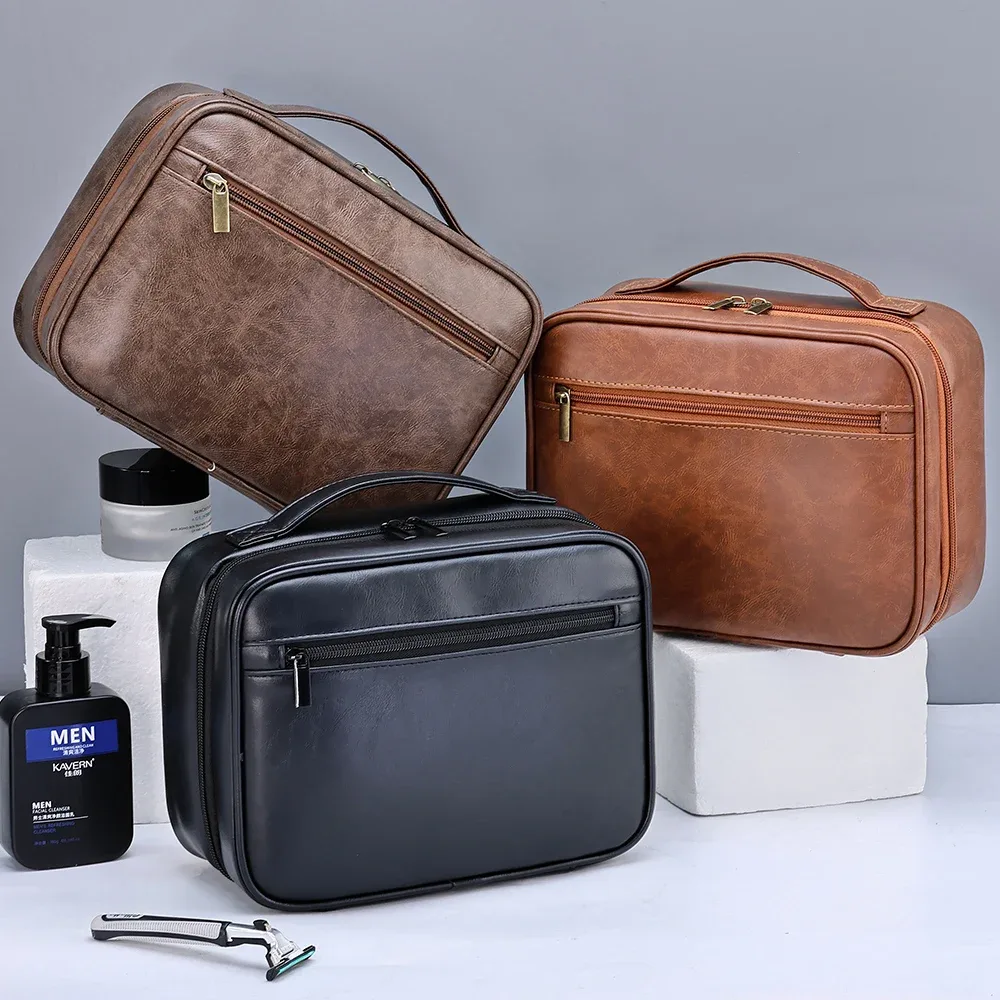 sac de rangement portable en cuir pu pour hommes et femmes, sac de rangement d'affaires à fermeture éclair, organisateur de produits de toilette, sac à cosmétiques de voyage, pochette de lavage étanche suspendue
