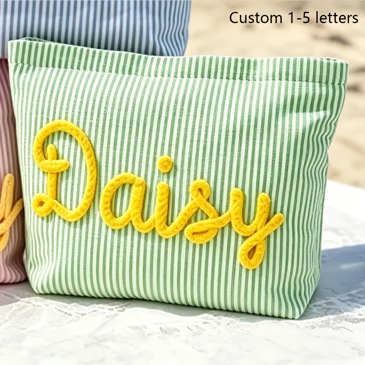 1 pièce trousse de maquillage personnalisable en seersucker rayé, pochette cosmétique de voyage portable, sac de rangement pour la plage d'été, cadeau pour demoiselle d'honneur et petite amie