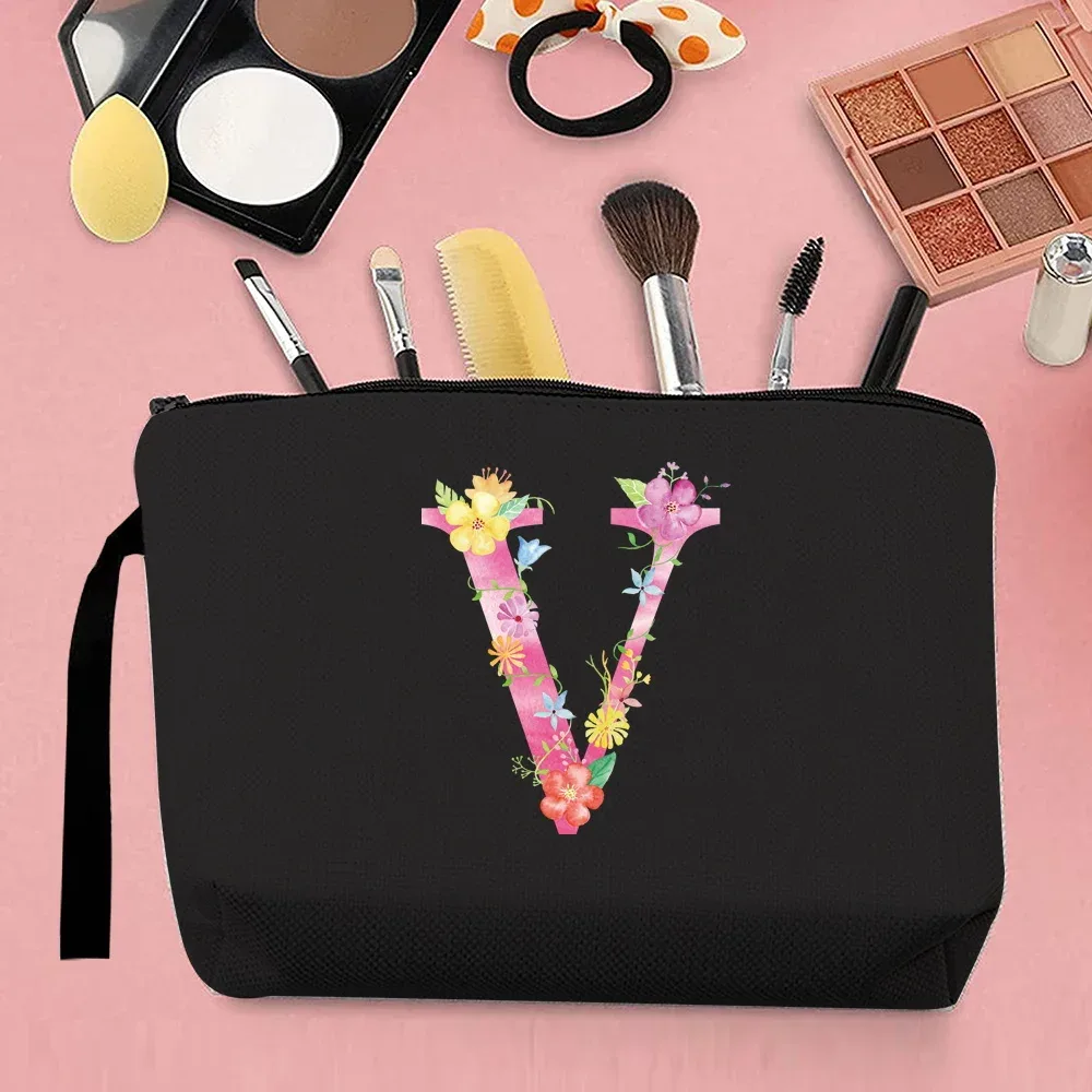 trousse de maquillage pour femmes, trousse de maquillage portable, trousse de maquillage de voyage pratique, sac à main en toile, motif de lettres roses, organisateur de bijoux