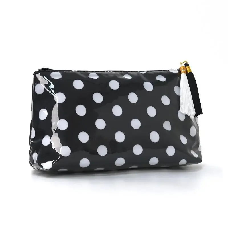 sac à cosmétiques rétro à pois en pvc, sac de maquillage avec franges et fermeture éclair, trousse de toilette de voyage étanche, étui pour pinceaux de maquillage
