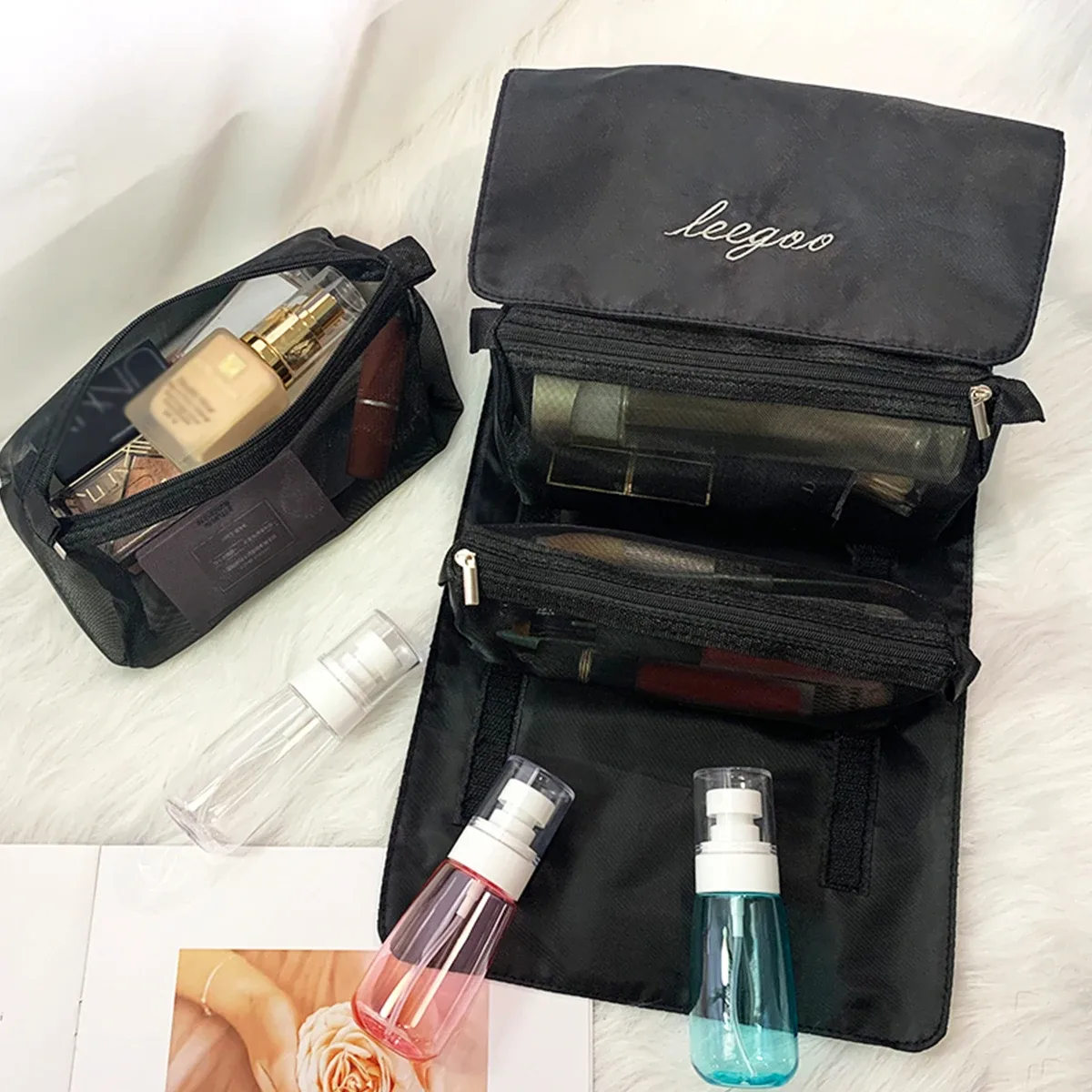 sac de rangement pour articles de toilette et cosmétiques, sac de voyage portable, poignées pliables de grande capacité, 4 en 1