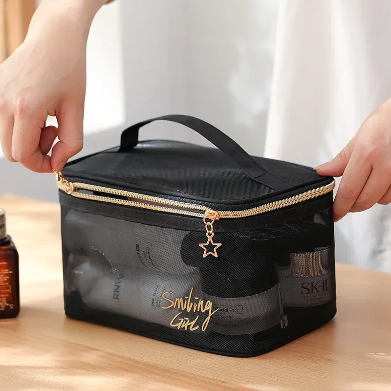 sac à cosmétiques en maille noire pour femmes, petit grand trousse de toilette et de maquillage, boîte transparente, organisateur de pinceaux de cosmétiques de voyage