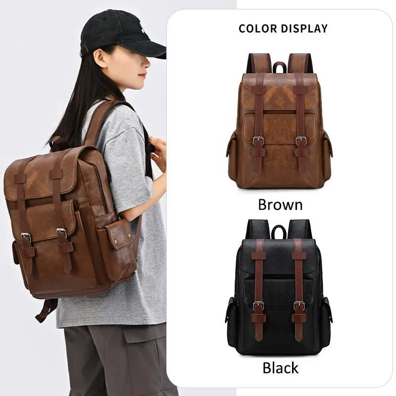 Sac à dos rétro en PU style workwear britannique, grande capacité, pour ordinateur portable, idéal pour étudiants, sacs d'école pour couple, sac de voyage pour campus