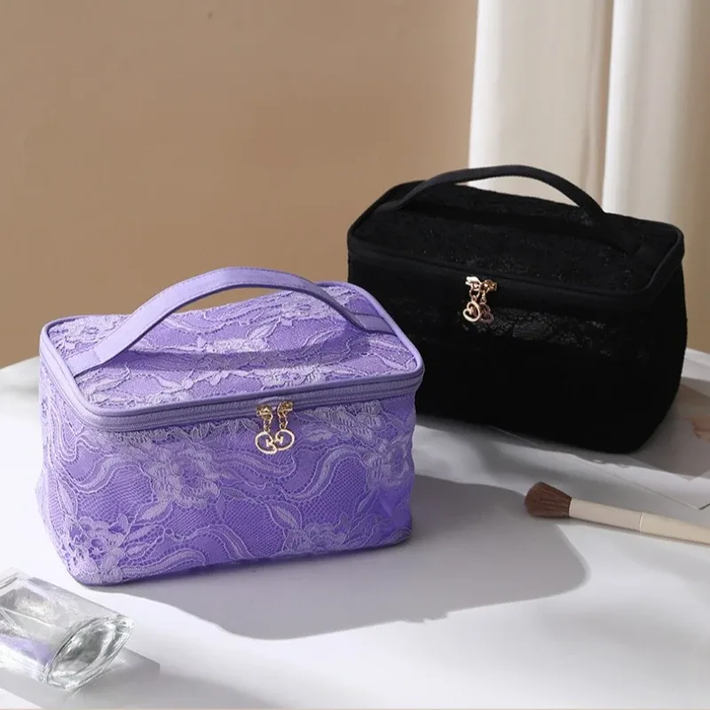trousse de maquillage de voyage de grande capacité, sac à cosmétiques multifonctionnel portable en dentelle, sac de rangement de toilette pour femmes