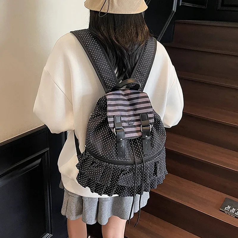 sac à dos coréen à pois grande capacité, sac d'école mignon pour fille, sac de voyage décontracté avec rabat à volants, sacoche pour ordinateur portable