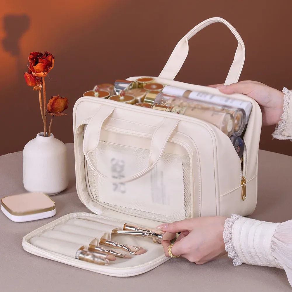 sac à cosmétiques en pu de grande capacité, organisateur de maquillage portable, options pour les voyages et l'usage quotidien, rangement pour cosmétiques et articles de toilette
