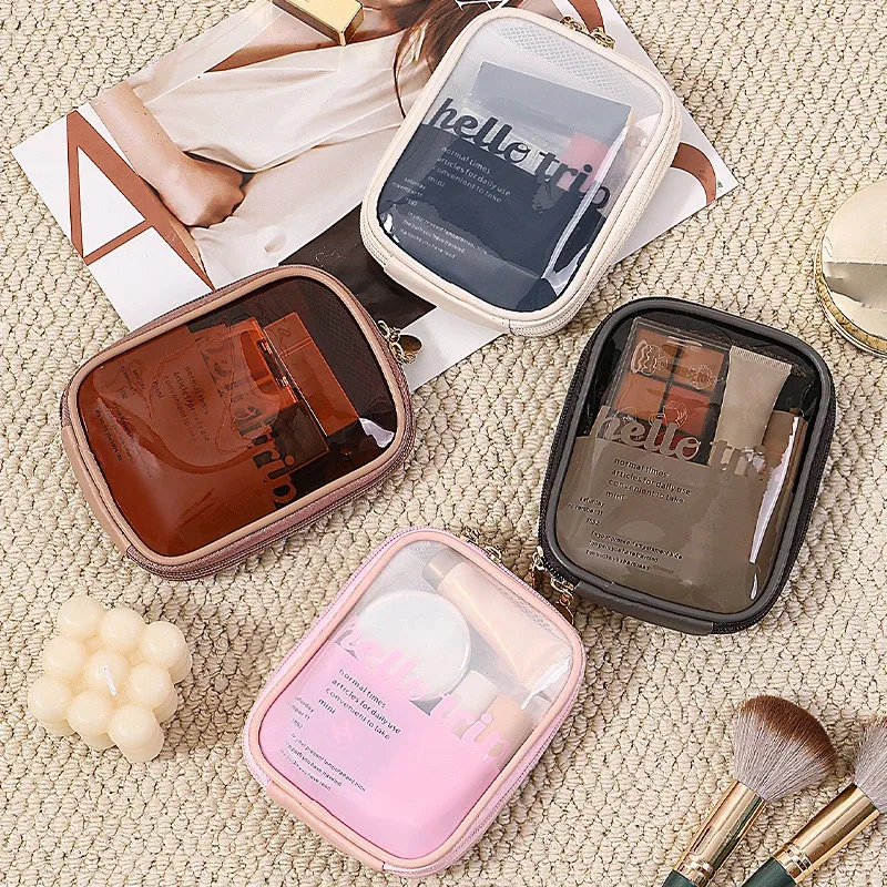 sac de voyage transparent en pvc pour cosmétiques, mini sac portable étanche pour rouges à lèvres, grande ouverture avec fermeture éclair, pochette extérieure