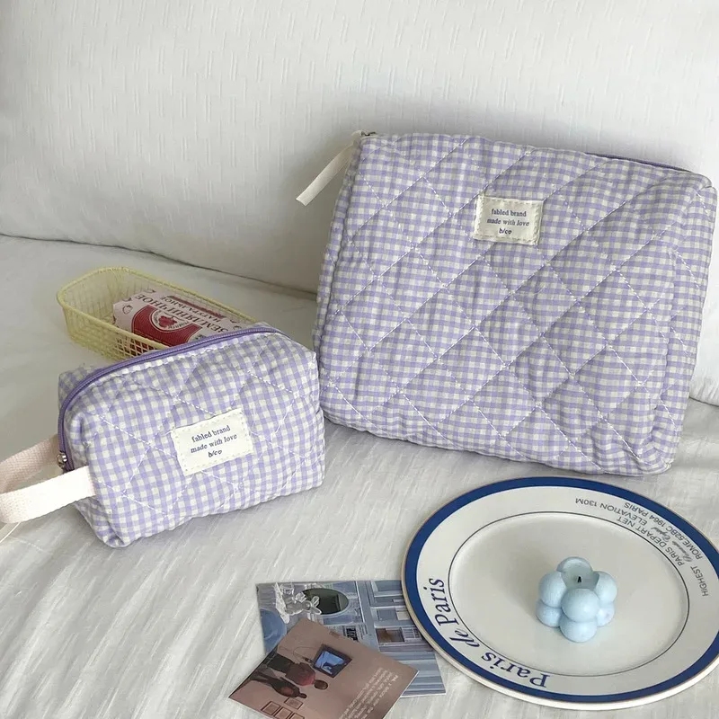 trousse de maquillage en coton de grande capacité pour femmes, sac de rangement pour brosses à carreaux, trousse de toilette de voyage douce et mignonne, organisateur doux décontracté pour dames