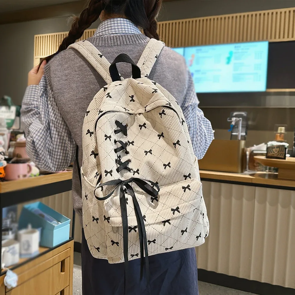 sac à dos de loisirs en velours côtelé avec nœud, grande capacité, style universitaire, pour le printemps et l'été, idéal pour les trajets quotidiens