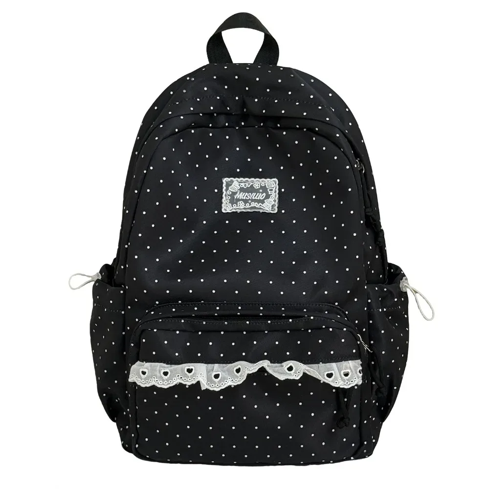 sac à dos y2k à pois, style minimaliste, grande capacité, avec dentelle, léger, design nœud, idéal pour étudiants, cadeau