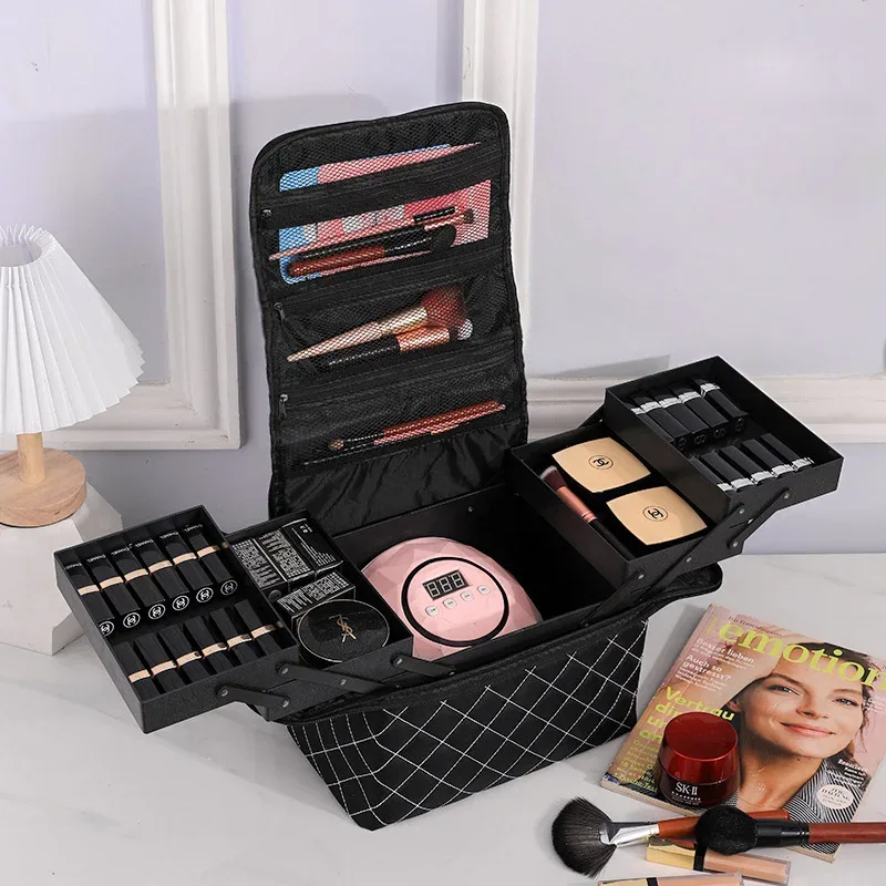 sac à main de maquillage à carreaux de grande capacité pour femmes, boîtes à cosmétiques, trousse d'art d'ongle à fermeture éclair, mallette de rangement, évalué professionnel