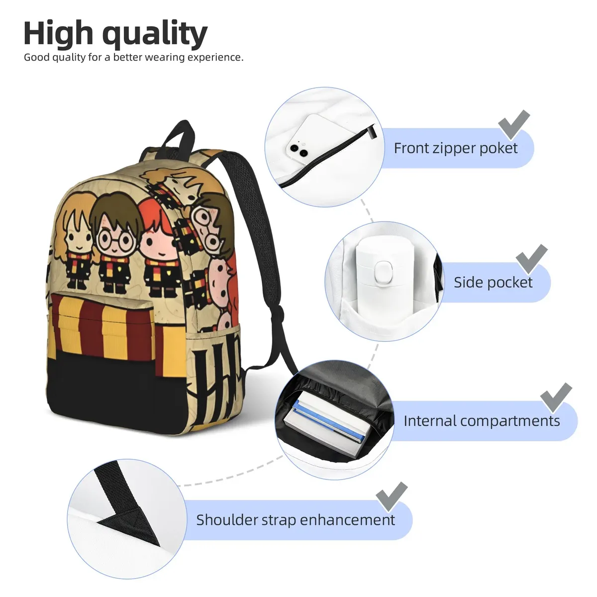 sac à dos magique h-hp-p harry potter pour hommes, femmes, étudiants, sac à dos de travail, sac à bandoulière pour l'université, durable