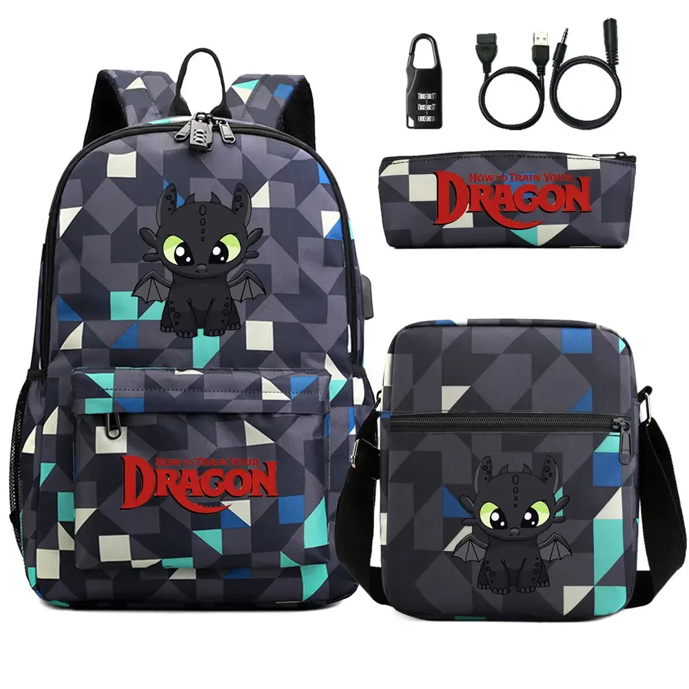 comment entraîner votre dragon 3 pièces usb antivol serrure garçon fille enfants retour à l'école livre sacs voyage sac à dos sac à bandoulière sacs à stylos