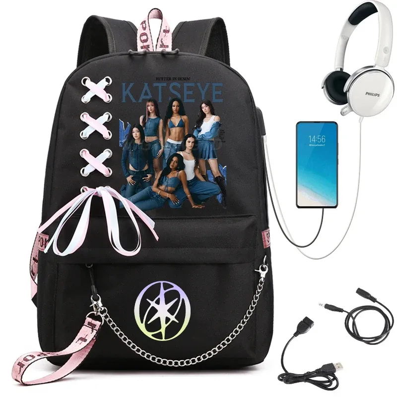 sac à dos d'école graphique katseye pour filles, sacs d'école pour adolescents avec port usb, sac pour ordinateur portable y2k pour femmes, sac à dos katseye pour étudiants