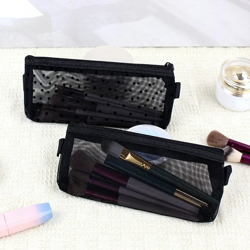 trousse de maquillage en maille avec fermeture éclair transparente, étui à crayons imprimé cœur noir, porte-stylo, poudres cosmétiques mignonnes, à transporter