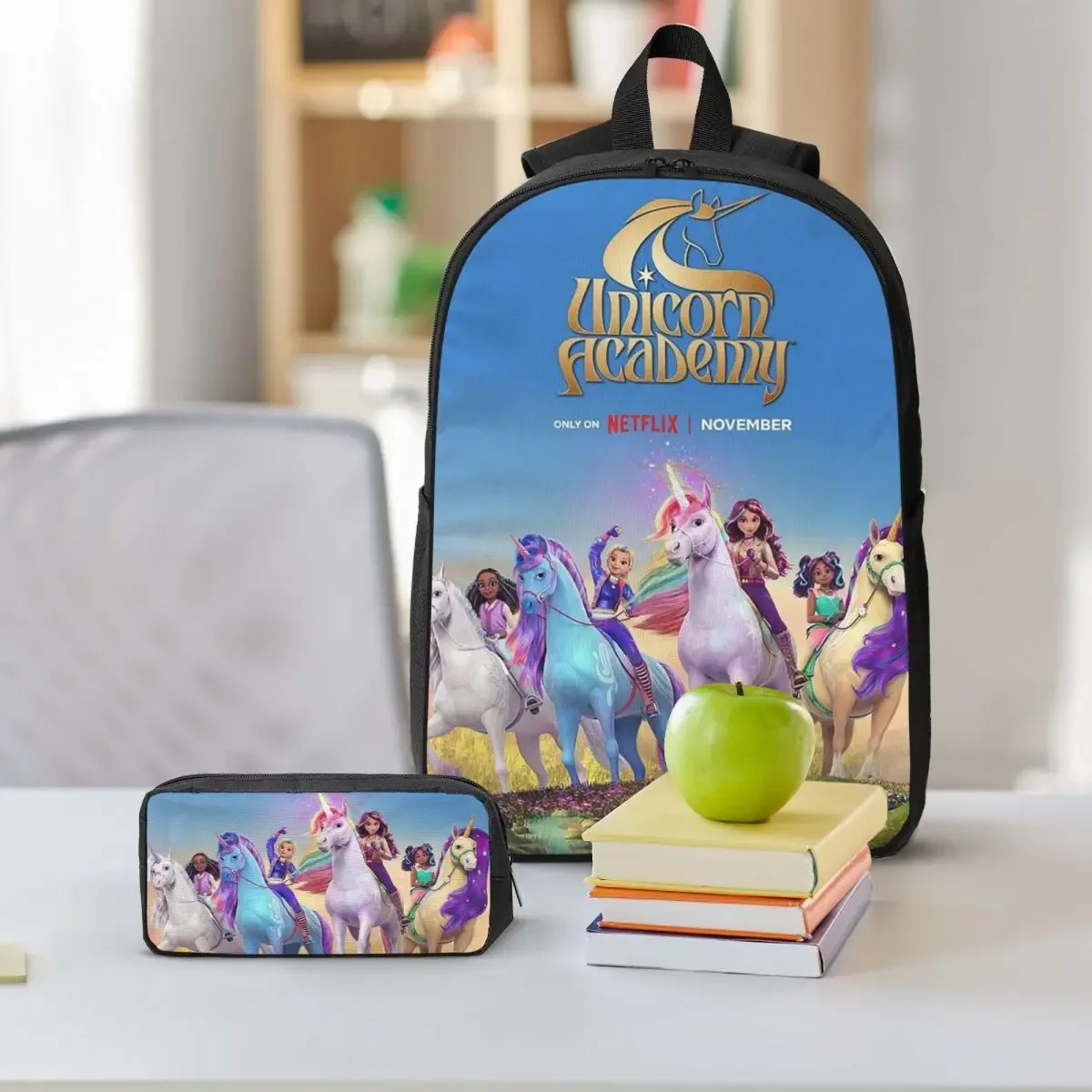sac à dos unicorn academy pour garçons et filles, sac d'école, sac à bandoulière pour ordinateur, 3 pièces, sac à déjeuner isotherme, trousse à crayons
