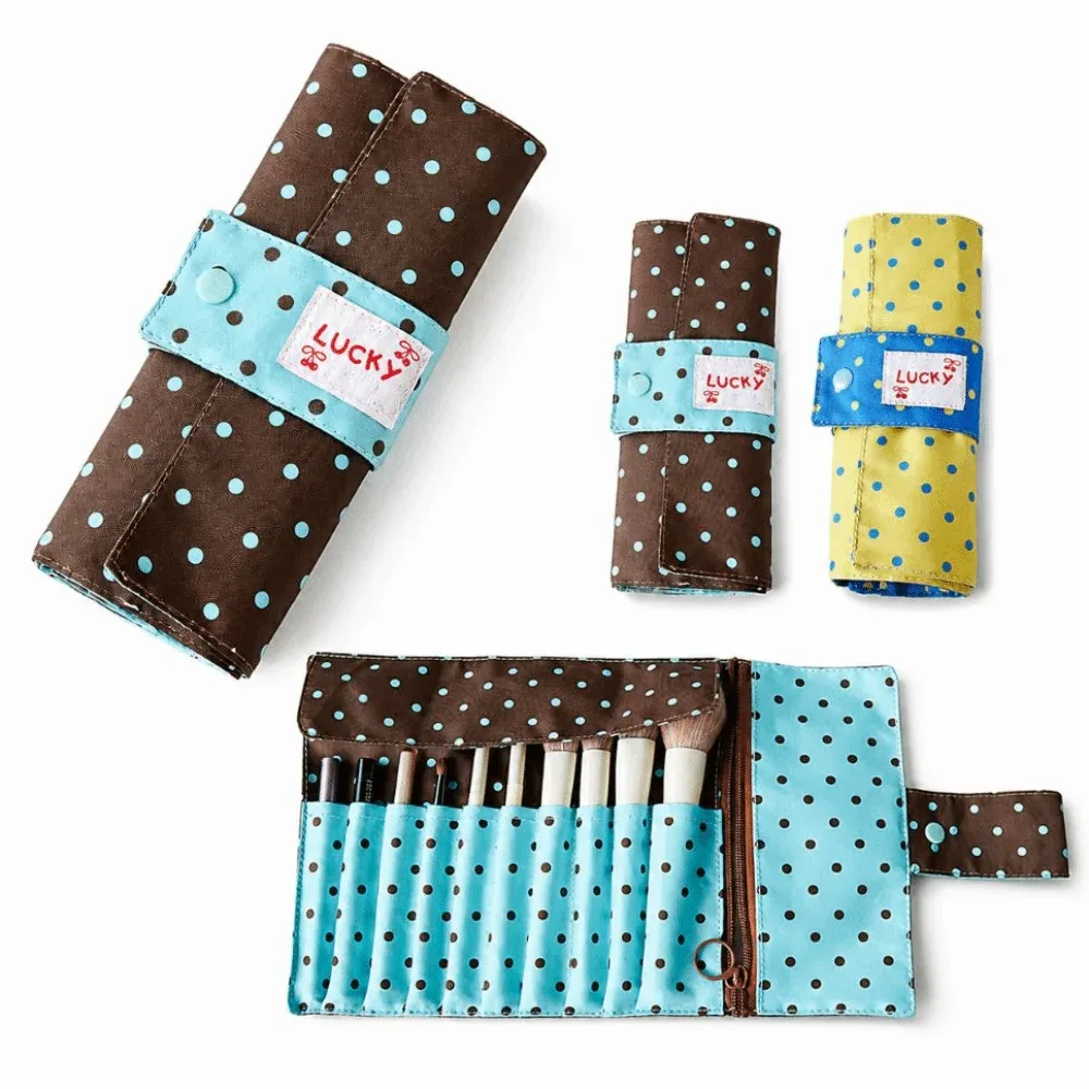 Sac de rangement pour pinceaux de maquillage à pois mignons, en toile, 10 compartiments, sac à outils de maquillage portable, sac de maquillage multifonctionnel, pinceaux de maquillage, stylos, etc.