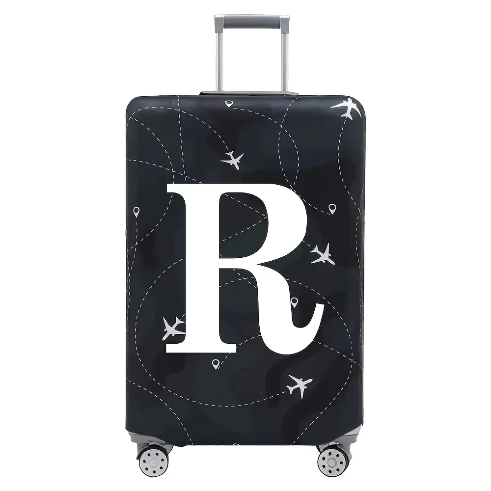 cette housse de valise extensible s'adapte aux valises de 18 à 32 pouces et présente un motif de lettres a-z blanches imprimé sur la surface.