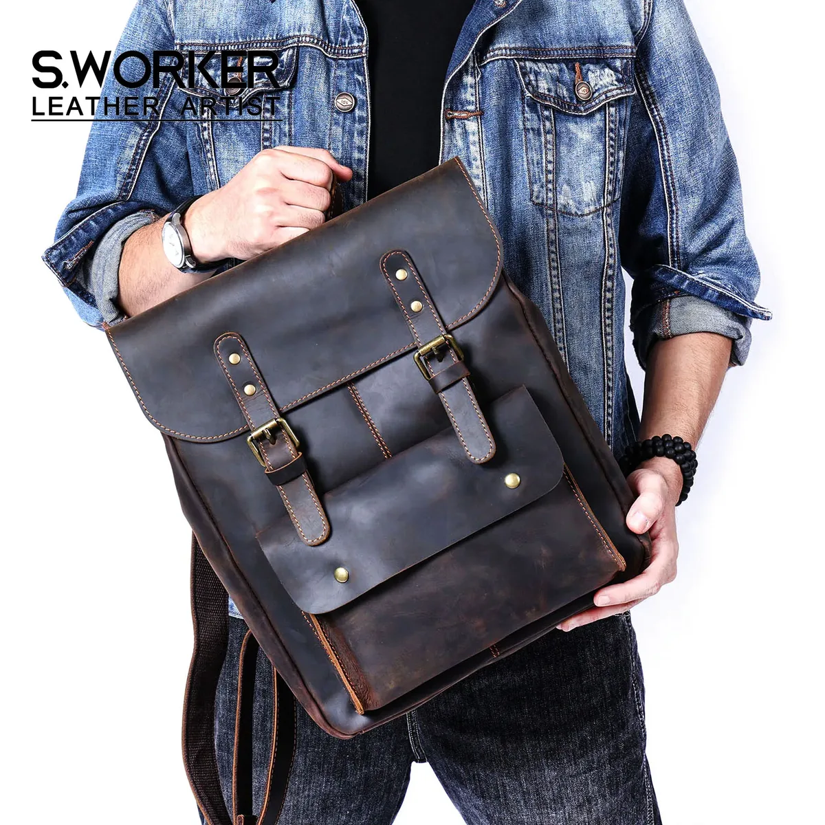 S.WORKER – sac à dos vintage en cuir véritable pour hommes, sac à bandoulière pour ordinateur portable en cuir de première qualité, sac Crazy Horse à la mode pour hommes