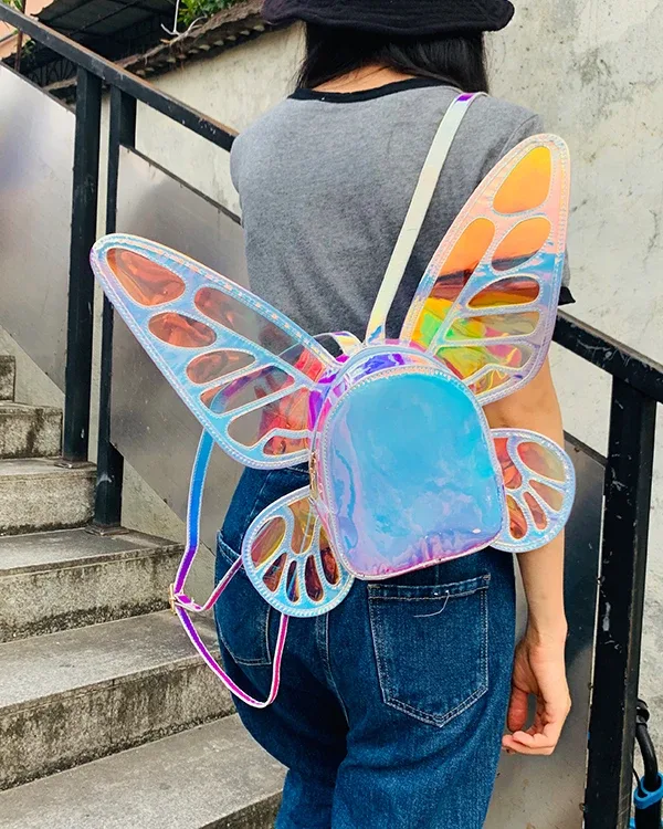 mode femmes laser mini sac à dos papillon ailes d'ange sac à dos pour filles voyage sac à dos décontracté sac d'école en cuir holographique