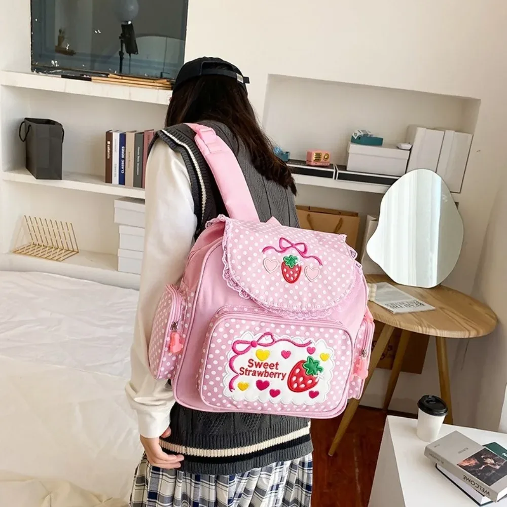 sac à dos scolaire tendance pour fille, motif fraise de dessin animé, à pois, avec nœud, multi-poches, pour étudiante