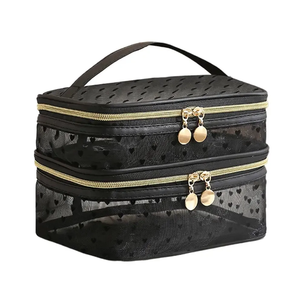 sac à cosmétiques en maille noire à double couche, trousse de maquillage portable de grande capacité, pochette de rangement, sacs de toilette à fermeture éclair