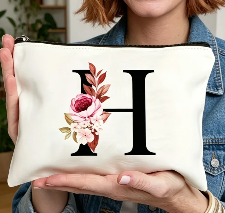 sac à fermeture éclair élégant avec motif de lettres et de fleurs, trousse de maquillage polyvalente, trousse à cosmétiques légère pour femmes a-z, 1 pièce