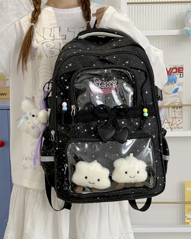 sac à dos pour femmes, sac de voyage multi-poches, joli sac d'école à rayures réfléchissantes avec nœud et étoiles pour adolescentes, sac à livres