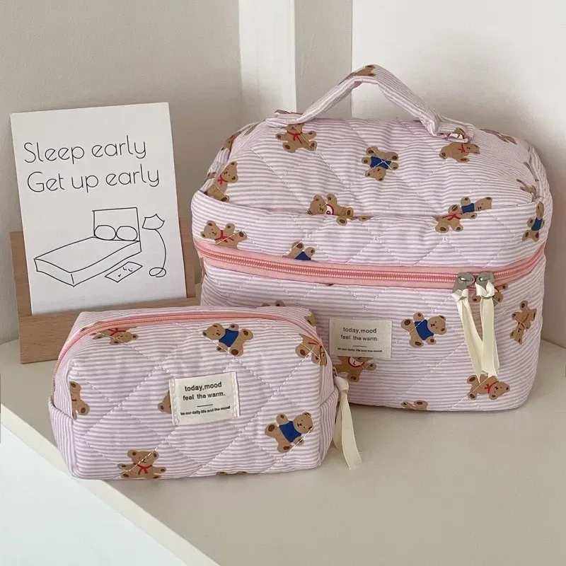 1pc matelassé ours mignon sac de maquillage floral sac cosmétique femmes fille voyage trousse de toilette organisateur coton pinceaux de maquillage mallette de rangement