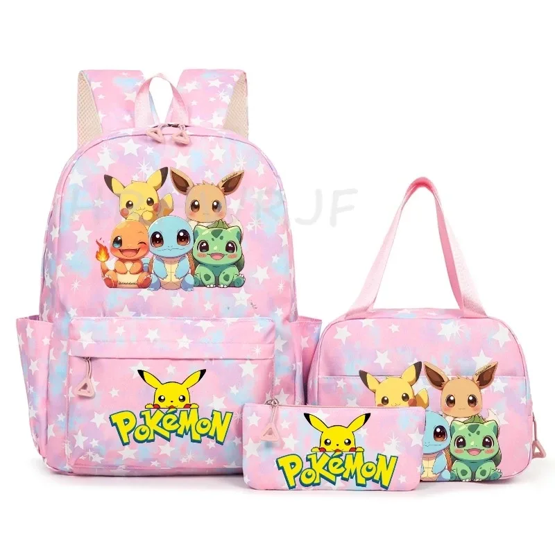 sac à dos pikachu de dessin animé pour femmes, 3 pièces, sacs d'école en nylon pour adolescentes, sac à dos de voyage pour dames, sac à bandoulière