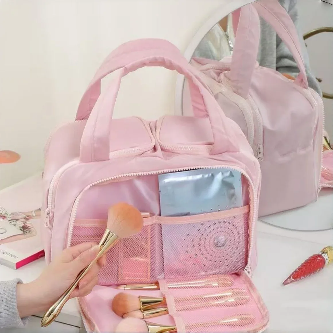 trousse de maquillage portable multi-poches avec fermeture éclair, organisateur cosmétique pour voyage et usage domestique, grande capacité, pochette de rangement pour articles de toilette