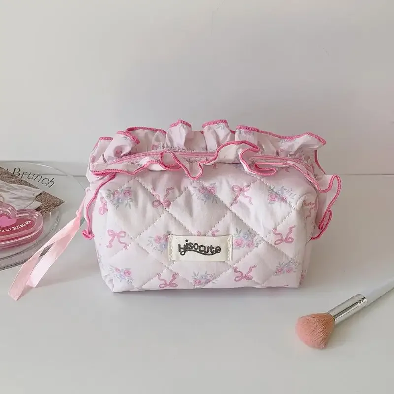 sac de maquillage en coton matelassé avec nœud et fleur, trousse de toilette portable pour femmes et filles, organisateur de cosmétiques à fermeture éclair, sac à main en tissu