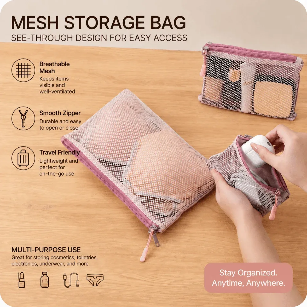 pochette de rangement polyvalente en maille à double fermeture éclair, en polyester, multi-tailles, pochette à cosmétiques double couche, pour câbles et chargeurs