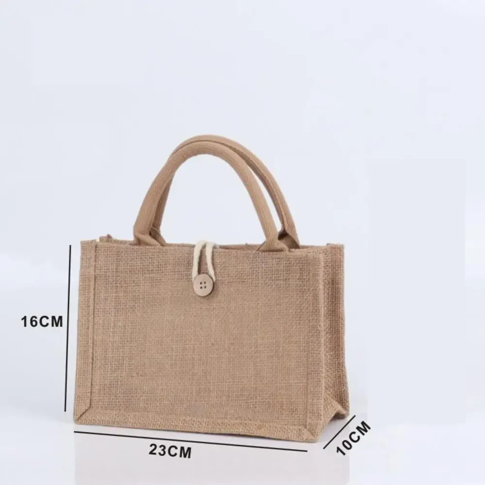 sac fourre-tout en toile de jute réutilisable de grande capacité, sac à provisions polyvalent, sac à lunch portable, sac à main en lin avec bouton, emballage cadeau