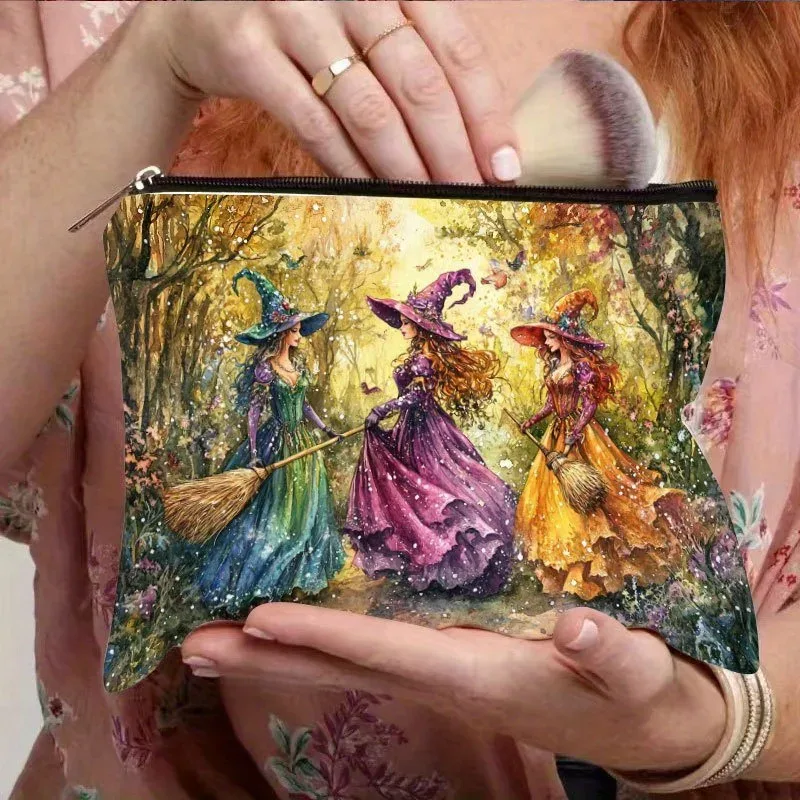 trousse de maquillage rétro en résine de sorcière, avec motif de forêt d'automne vibrante, fermeture à glissière sécurisée, sac de voyage multifonctionnel