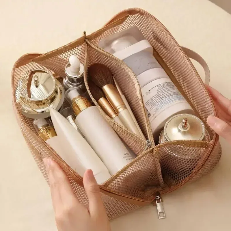 sac de maquillage en maille transparente, léger, portable, grande capacité, trousse de toilette de voyage, sac multifonctionnel à plusieurs compartiments