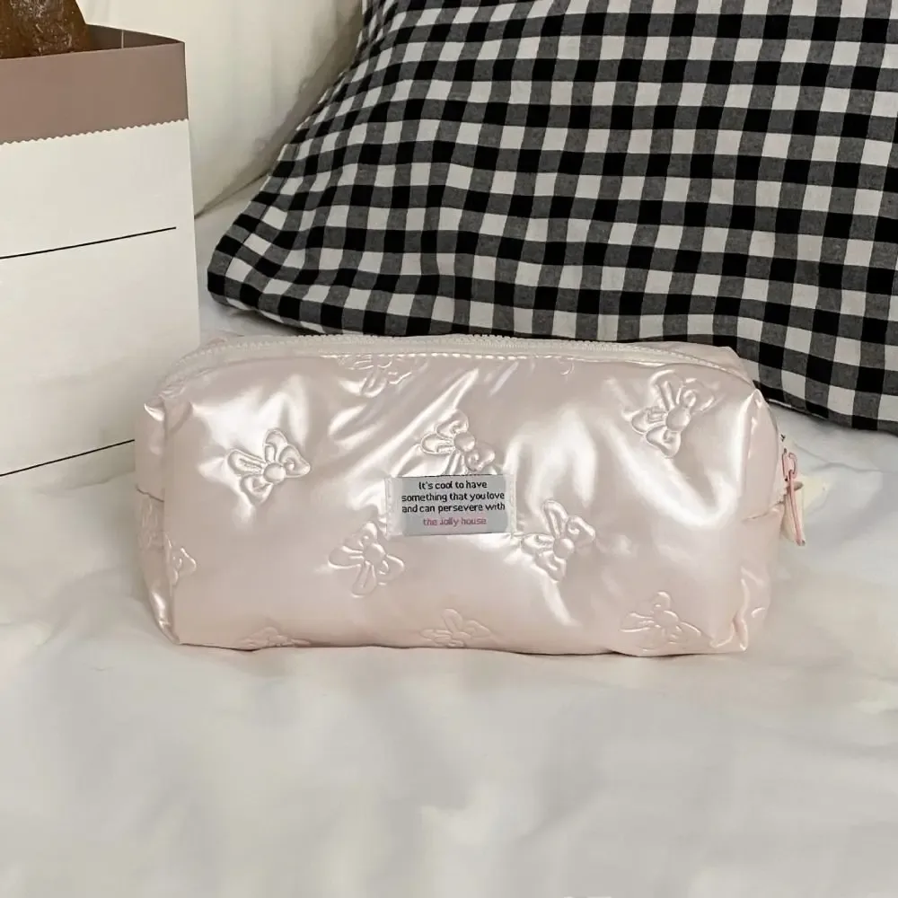 sac à cosmétiques en matériau pu, compartiment de rangement, décoration d'arc, trousse de toilette multifonction à fermeture éclair, sac à main de maquillage, rangement de maquillage