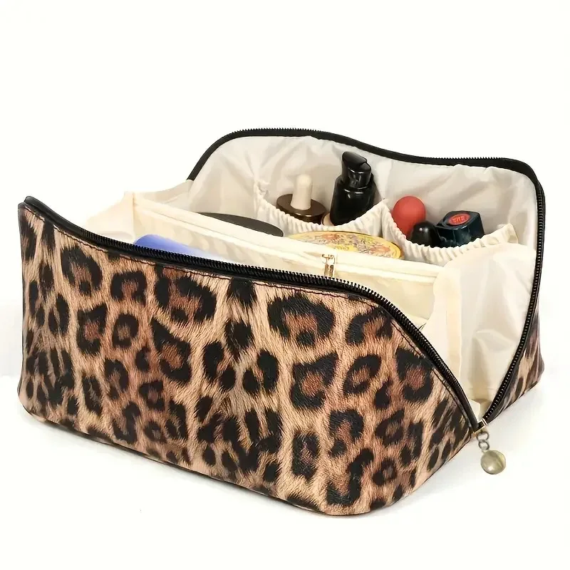 sac de rangement cosmétique de grande capacité, sac de maquillage d'oreiller d'impression de léopard d'unité centrale, trousse de toilette de voyage portative