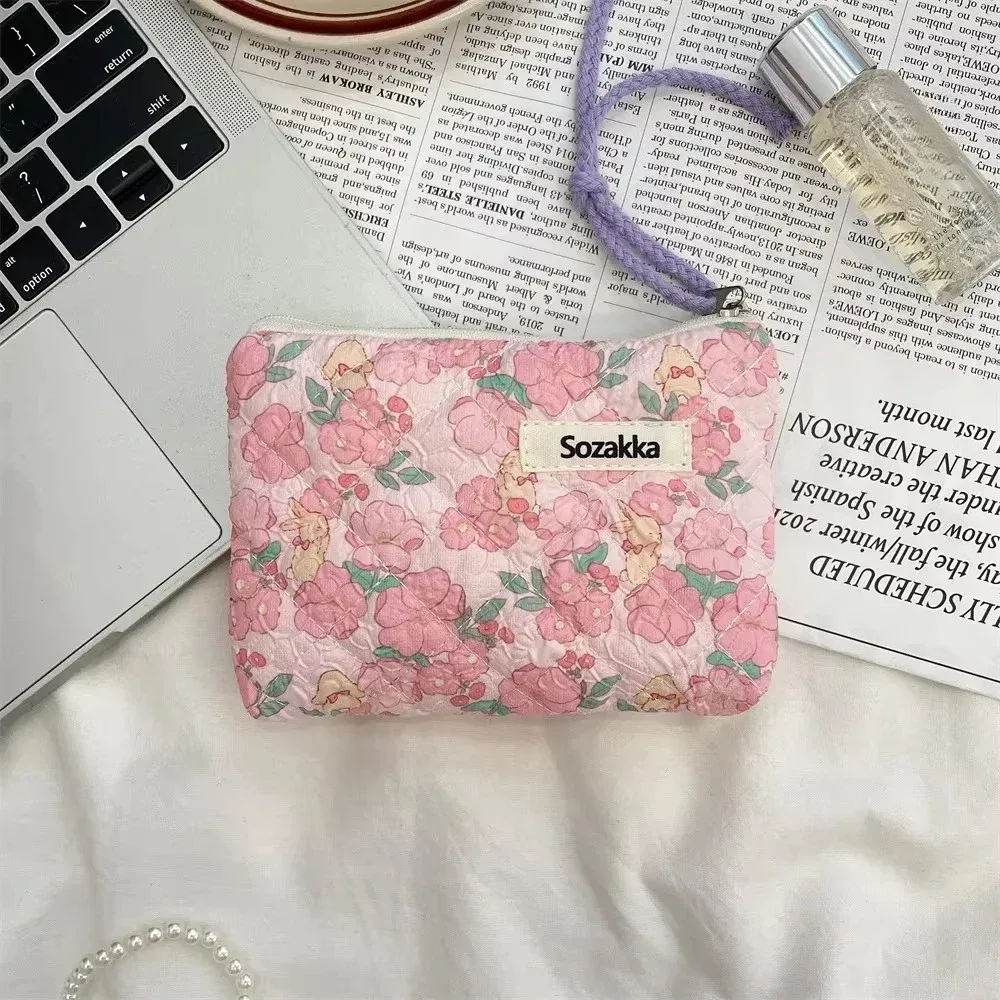 sac de maquillage imprimé en toile pour femmes, mignon, portable, style coréen, petits sacs à cosmétiques, étui de rangement de voyage, trousse de toilette