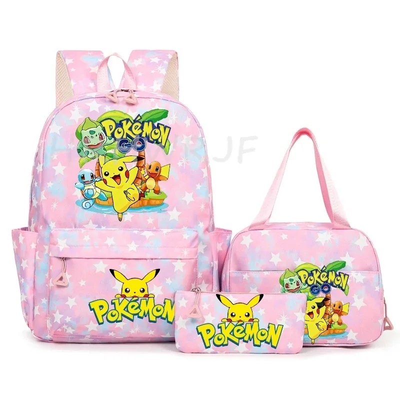 sac à dos pikachu de dessin animé pour femmes, 3 pièces, sacs d'école en nylon pour adolescentes, sac à dos de voyage pour dames, sac à bandoulière